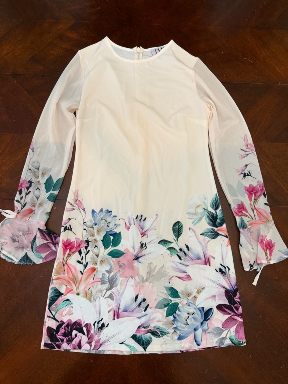 Cream Floral Hem Mini Dress with Sheer Bell Sleeves